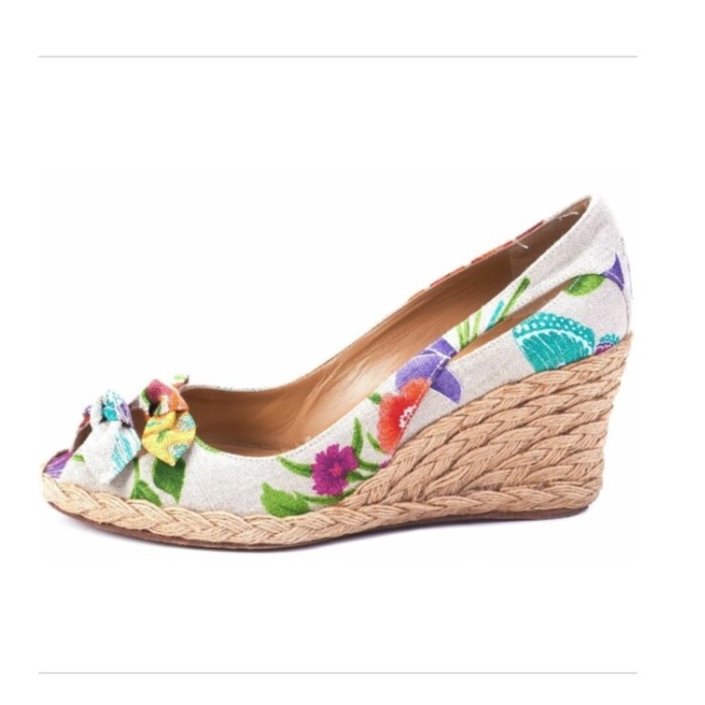 Stuart Weitzman Peep Toe Canvas Espadrille Wedge 8 - image 4